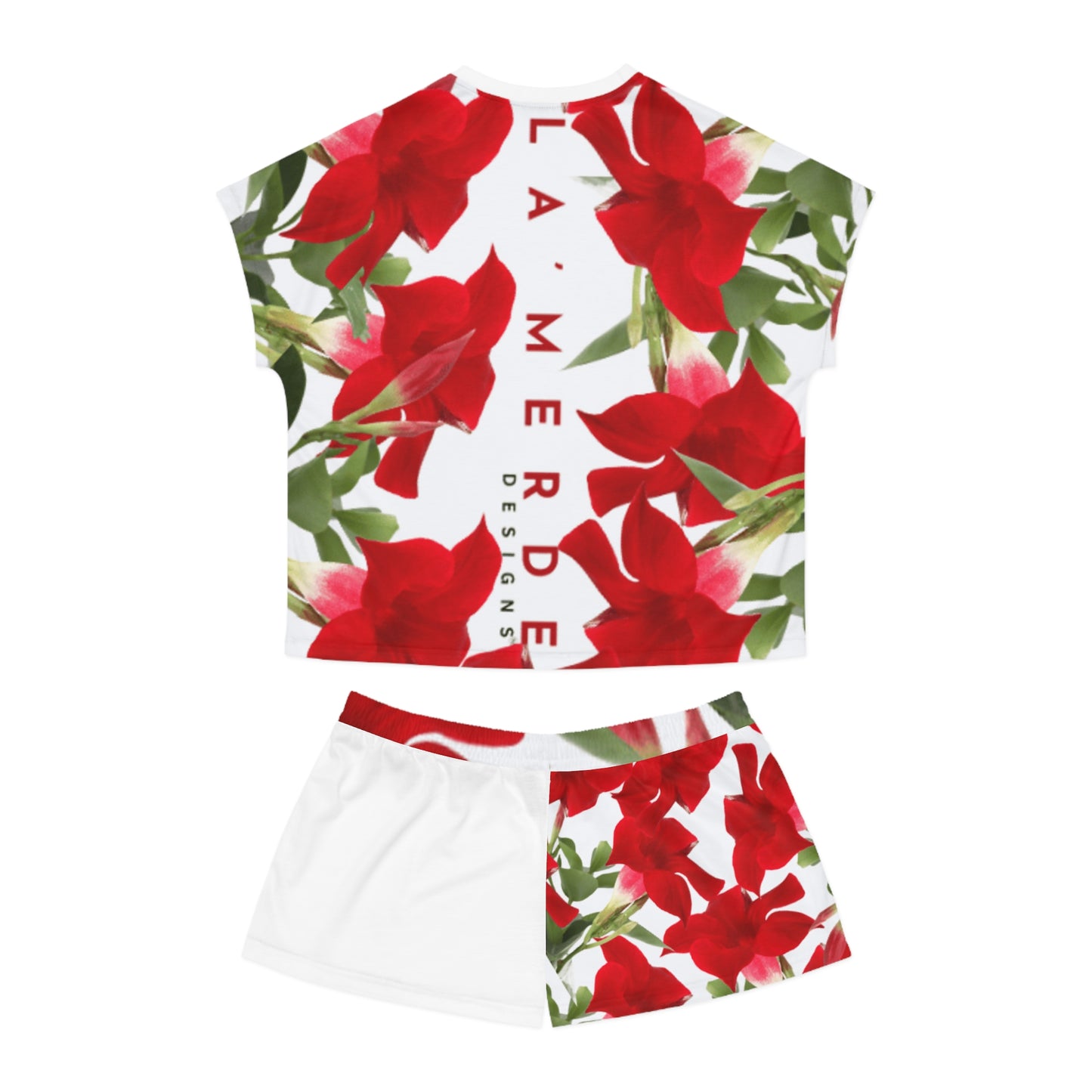 2-PC Satin Pajama Short Set: Brilliant Red Tropical Hibiscus