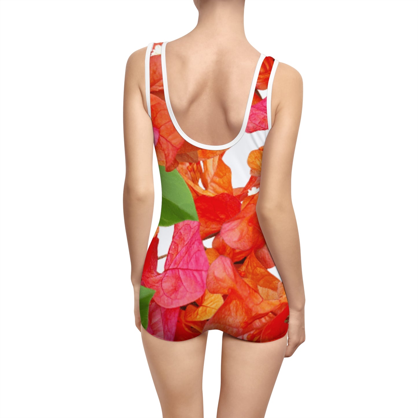Vintage Sports Swimsuit: Brilliant Red, Pink & Orange Bougainvillea