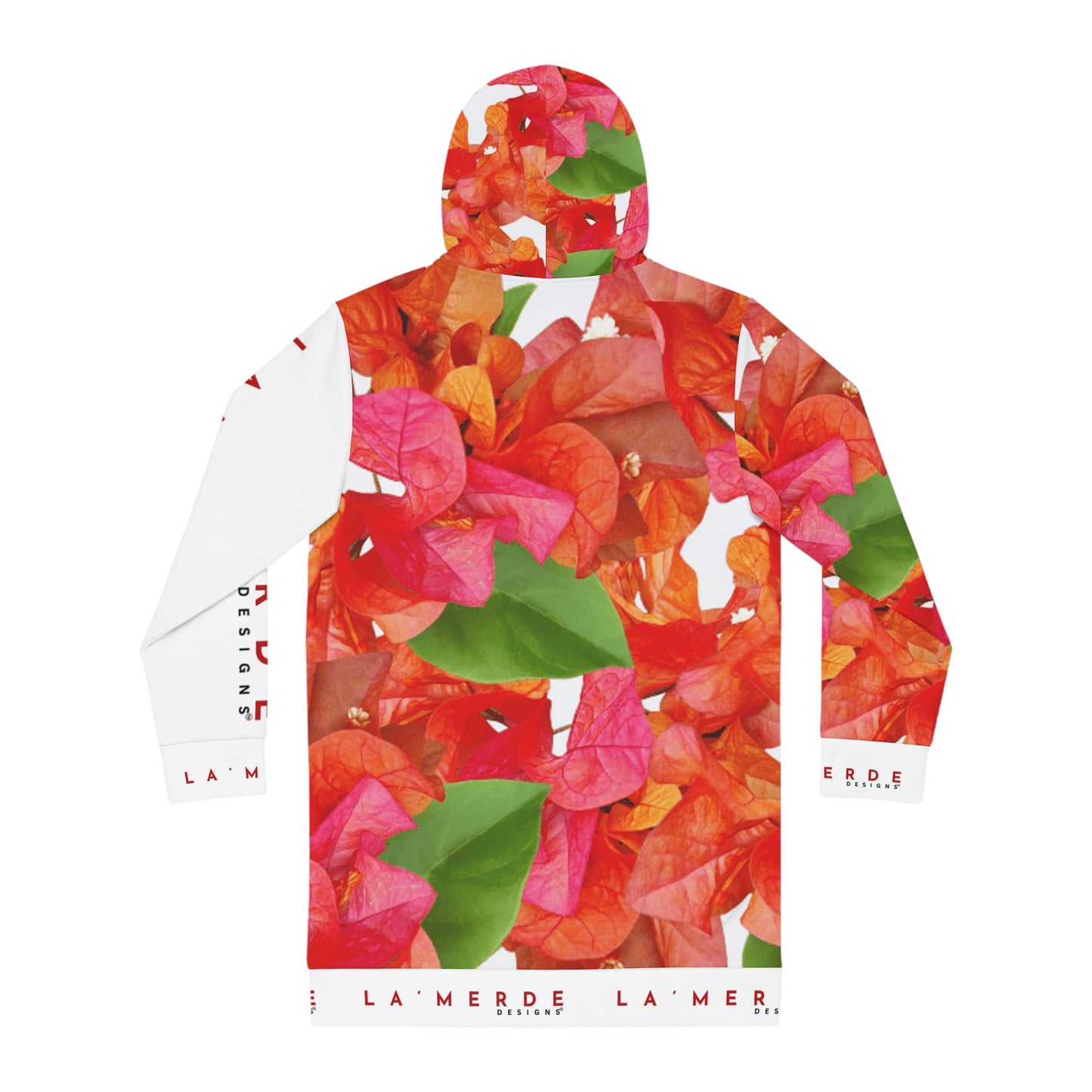 Long Sleeve Hoodie Mini Dress: Brilliant Red, Pink & Orange Bougainvillea