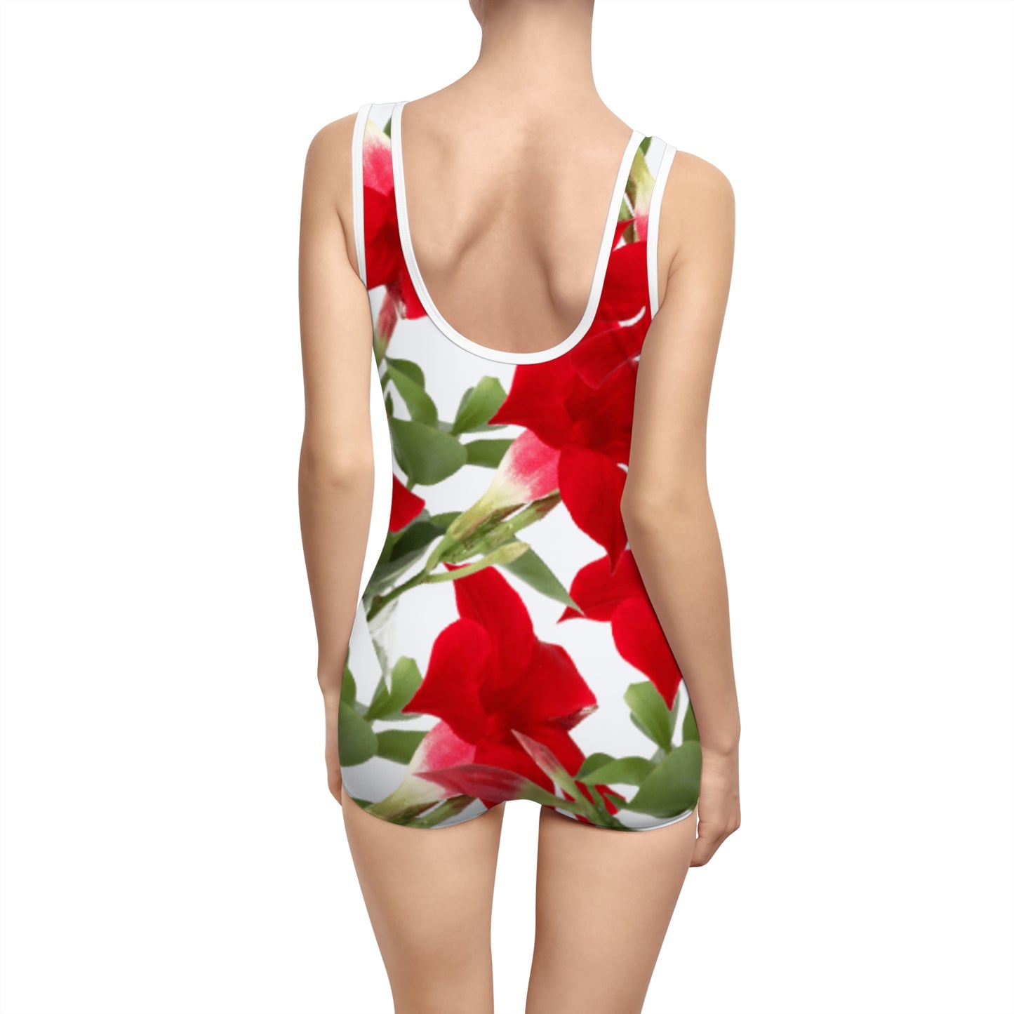 Vintage Sports Swimsuit: Brilliant Red Tropical Hibiscus