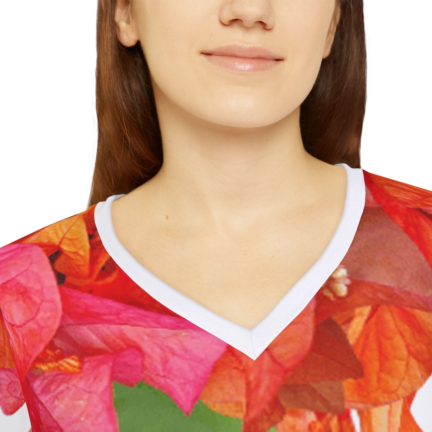 Women Long Sleeve V-Neck T-Shirt: Brilliant Red, Pink, & Orange Bougainvilles