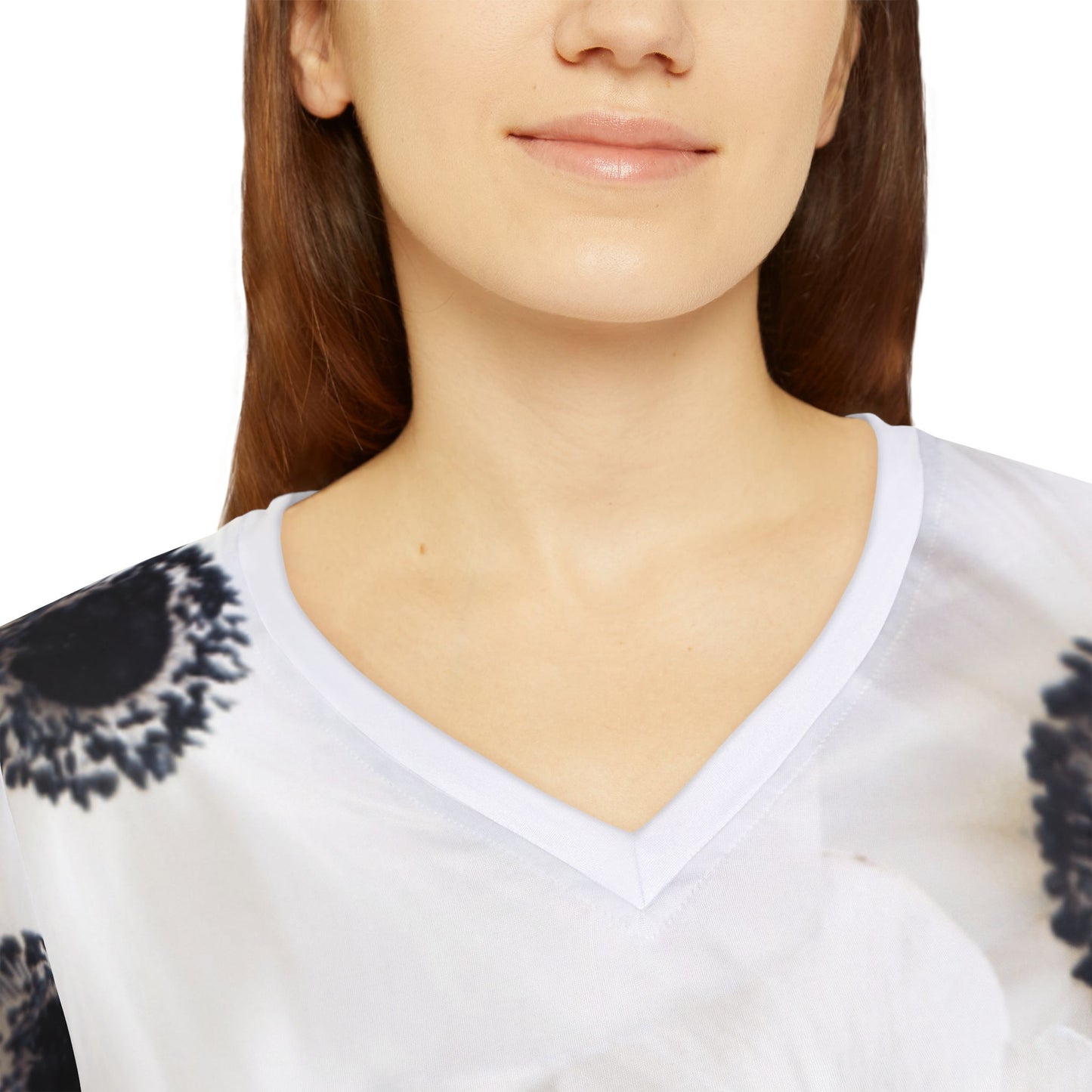 Women Long Sleeve V-Neck T-shirt: Watercolor Black and White Anemone Carmel