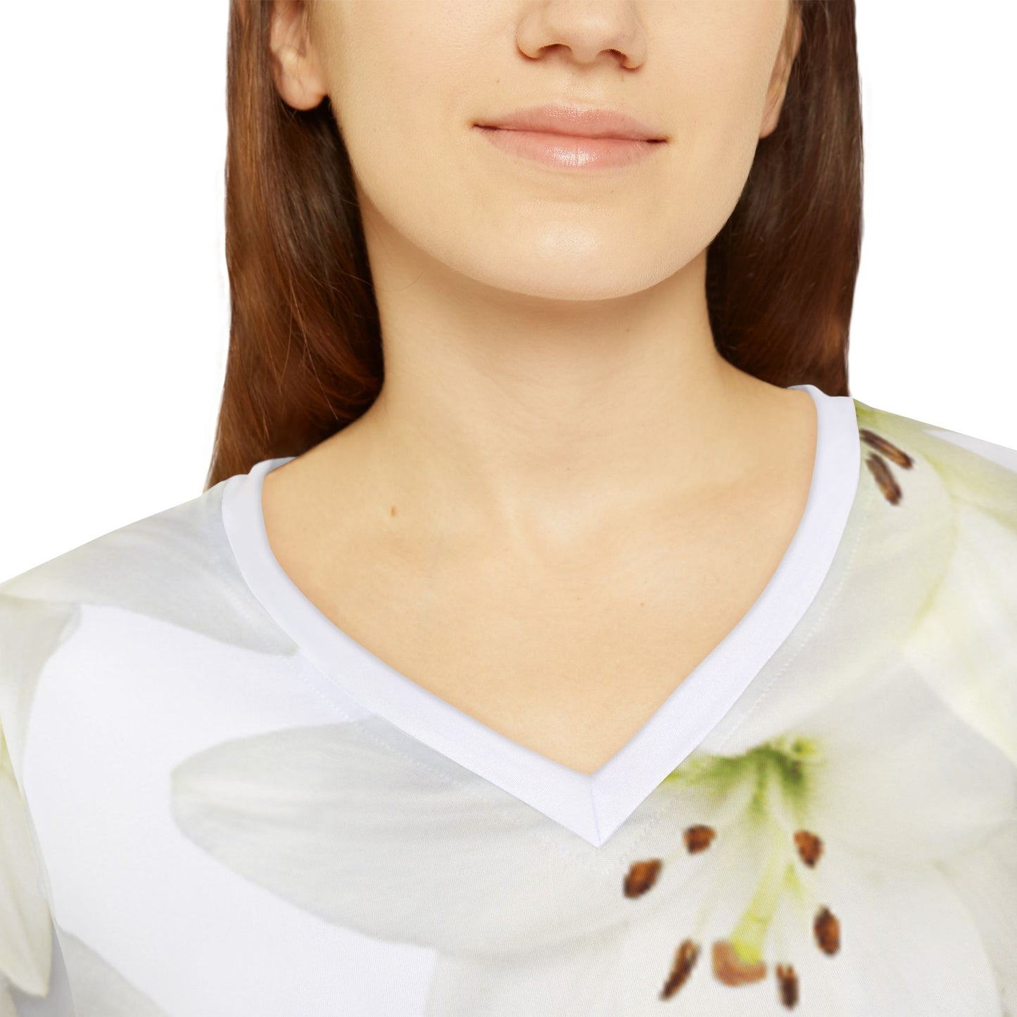 Women Long Sleeve V-Neck T-Shirt: Watercolor White Day Lily