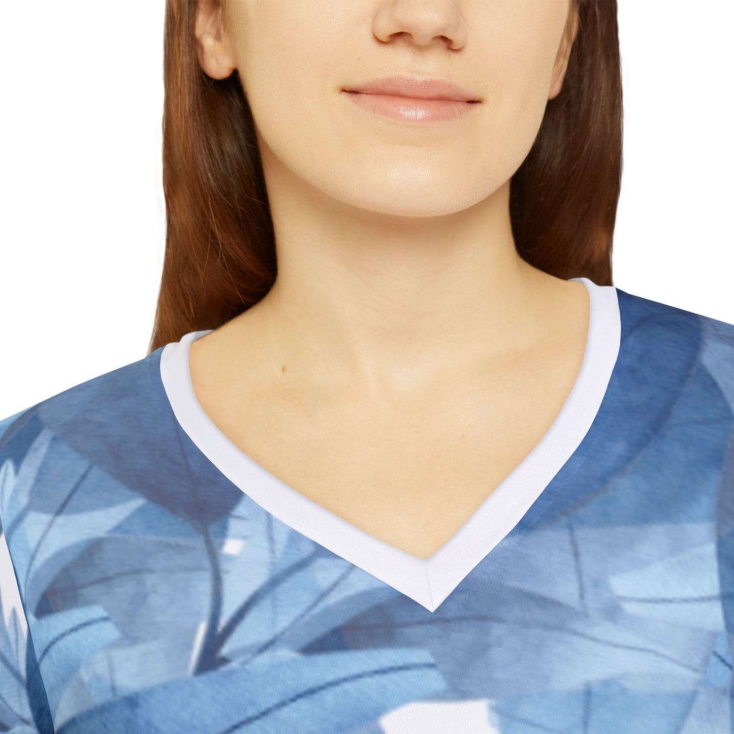 Women Long Sleeve V-Neck T-Shirt: Watercolor Blue Leaf Seaweed