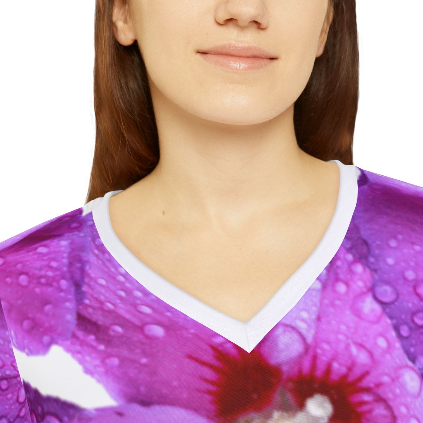 Women Long Sleeve V-Neck T-Shirt: Brilliant Purple and Red Hibiscus Syriacus L.