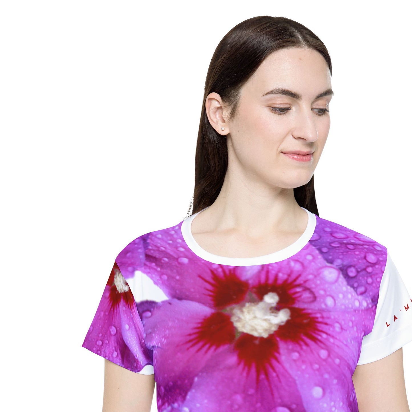 Round Neck Short Sleeve T-shirt: Brilliant Purple and Red Hibiscus Syriacus L.