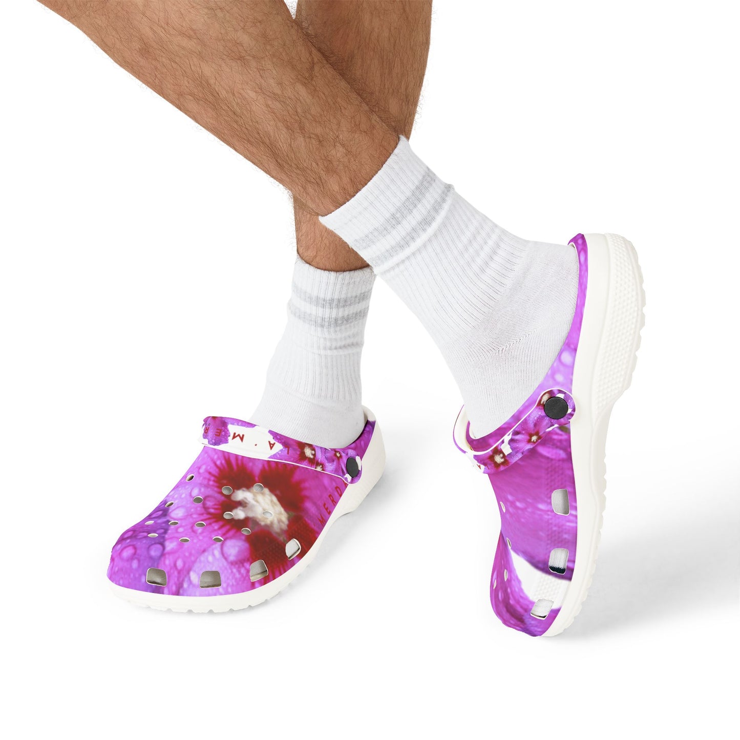Beach & Travel Clogs: Brilliant Purple and Red Hibiscus Syriacius L