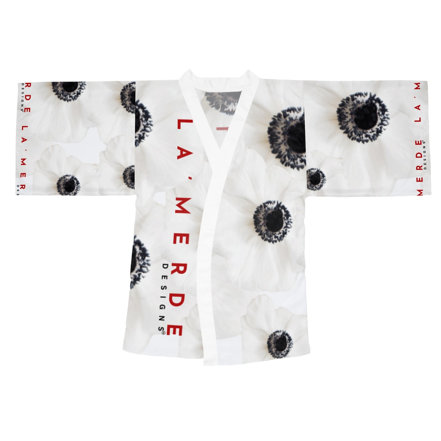 Chic Kimono Style Robe Japanese Inspired: Watercolor Black and White Anemone Carmel