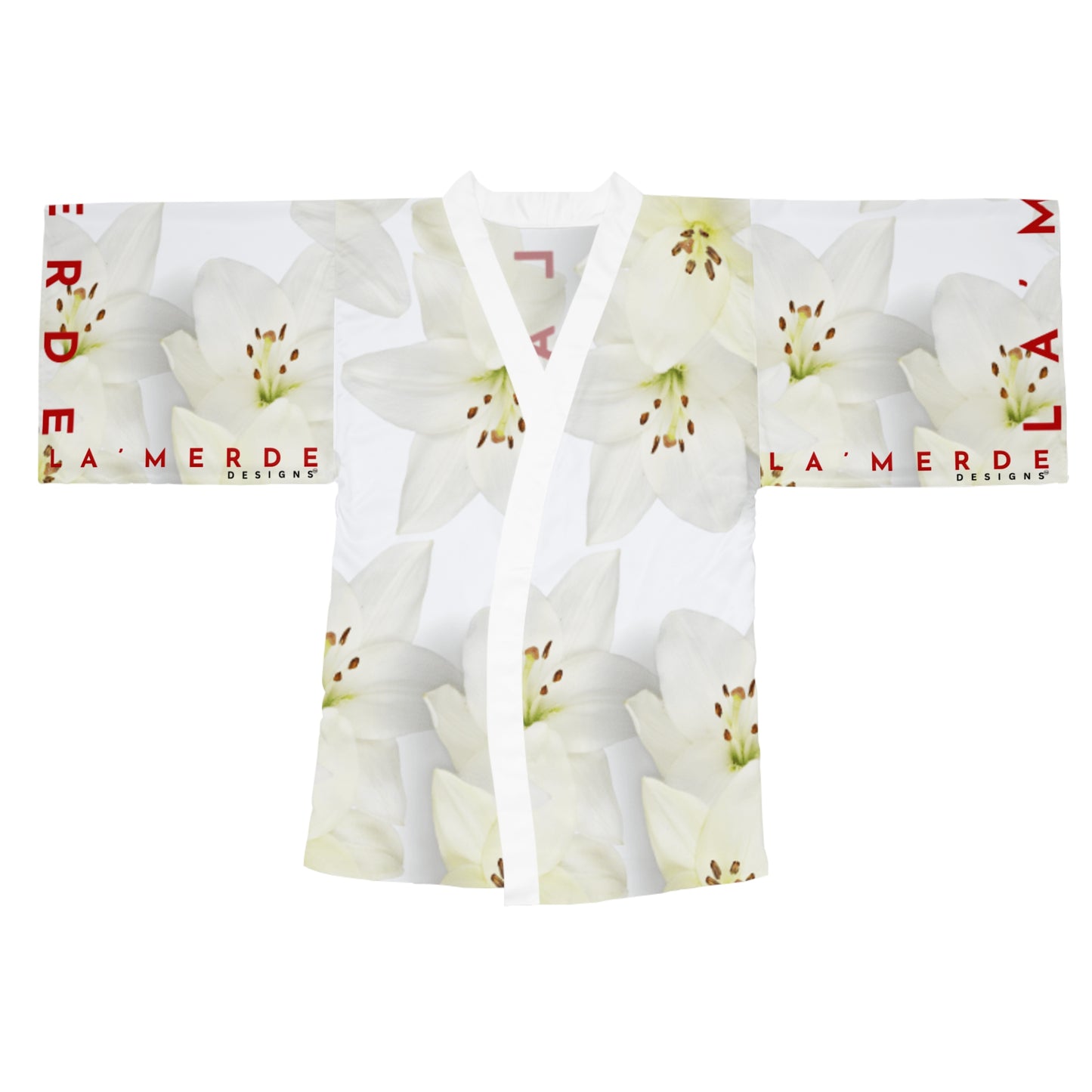 Chic Kimono Style Robe Japanese Inspired: Watercolor White Day Lilly