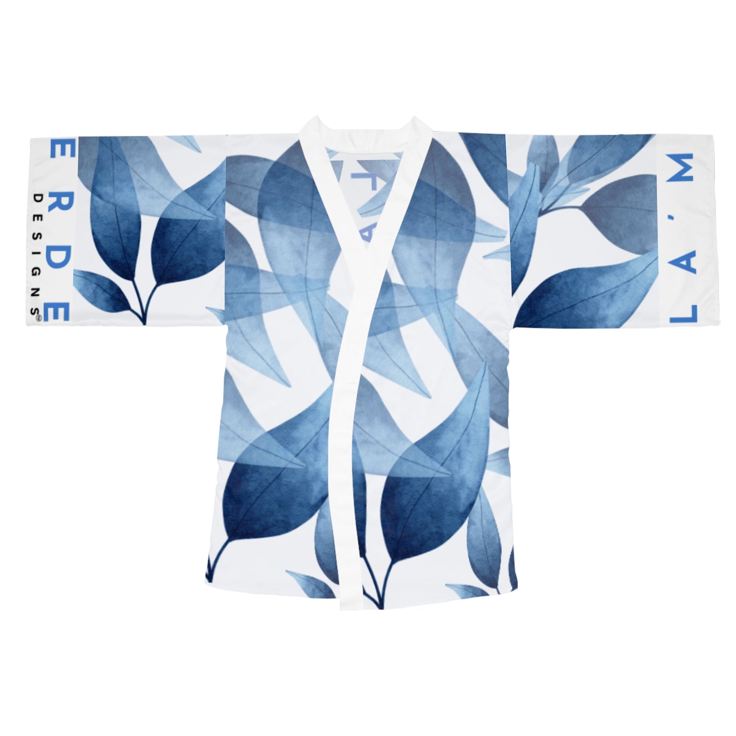 Chic Kimono Style Robe Japanese Inspired: Watercolor Blue Leaf Seaweed