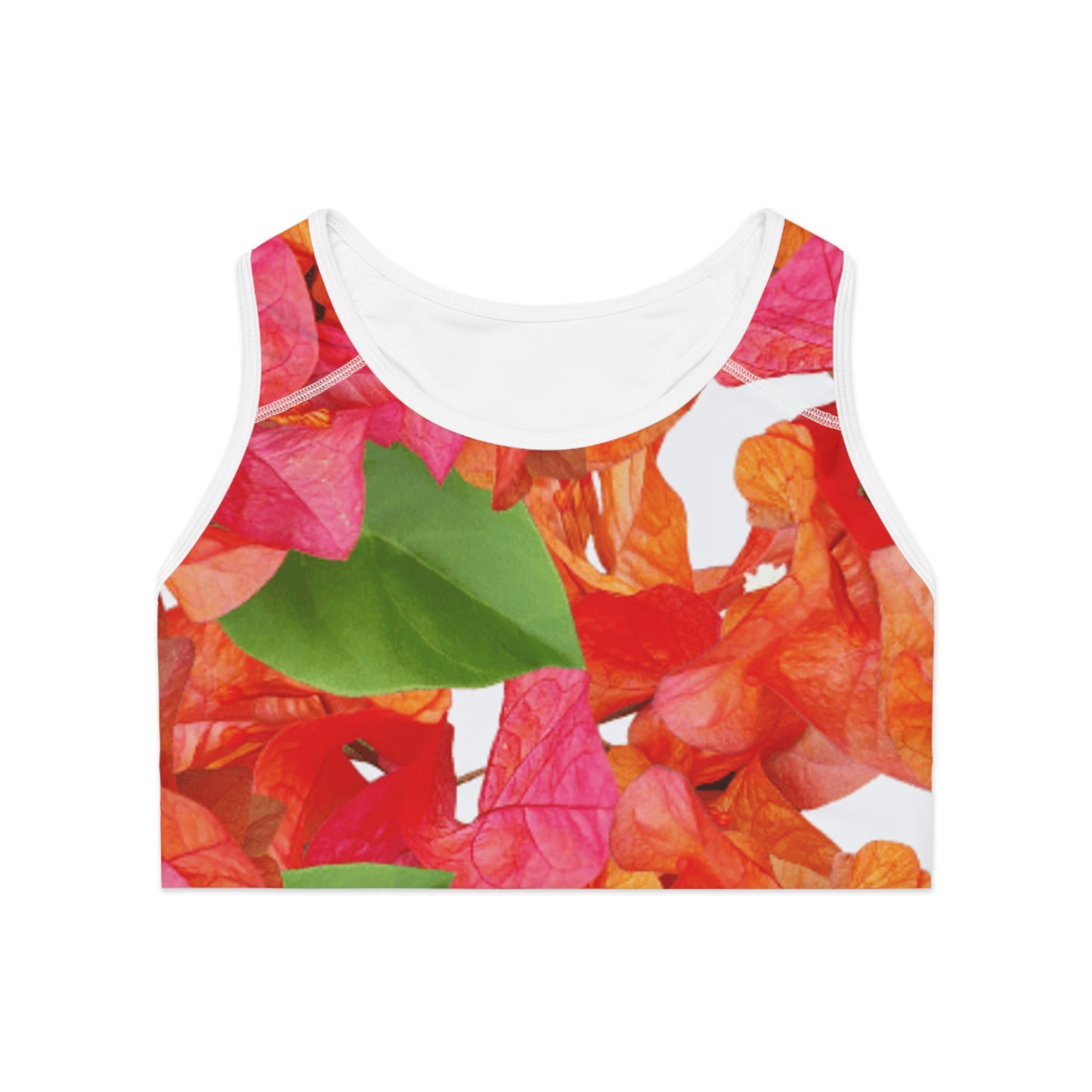 Workout Sports Bra: Brilliant Red, Pink & Orange Bougainvillea