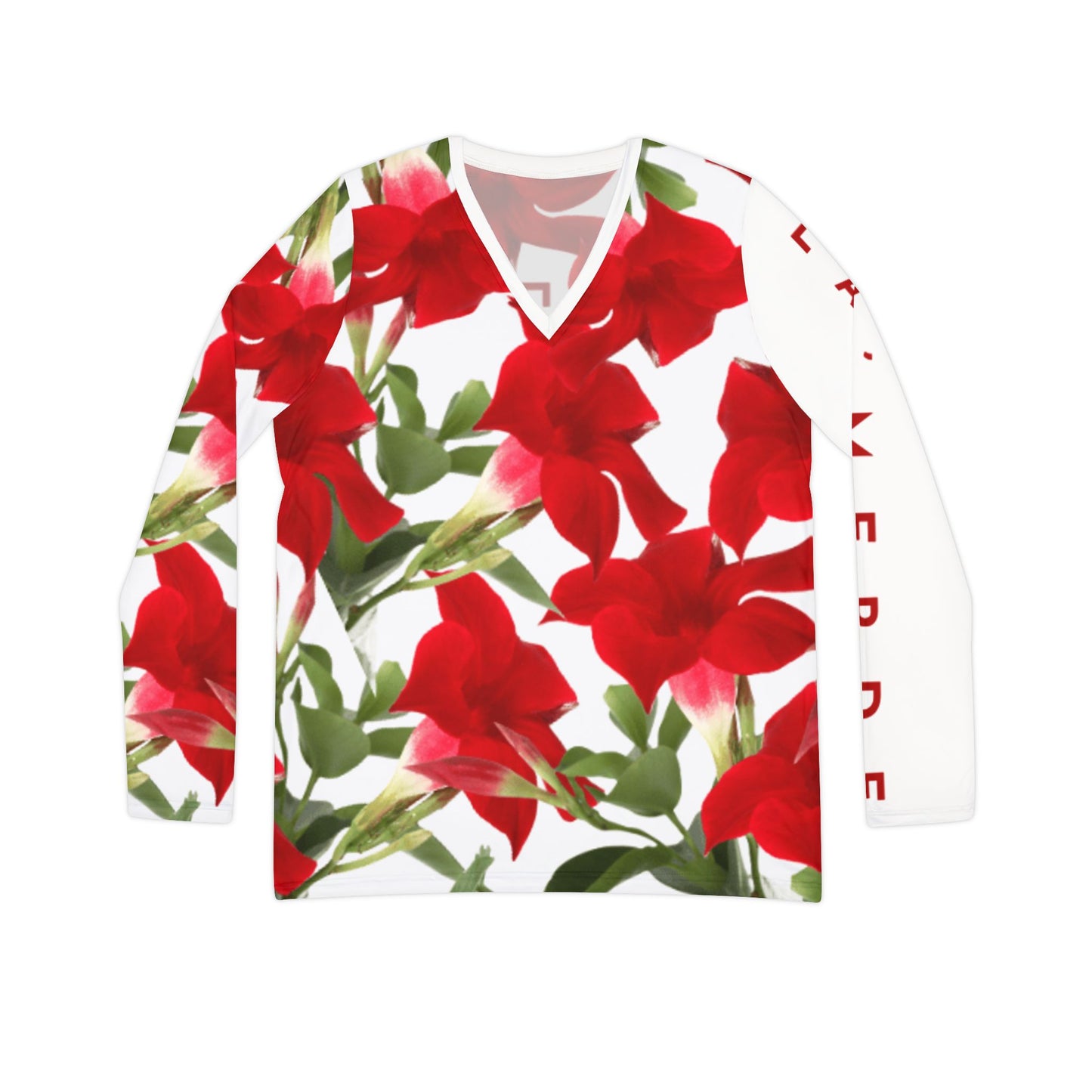Women’s Long Sleeve V-Neck T-Shirt: Brilliant Red Tropical Hibiscus