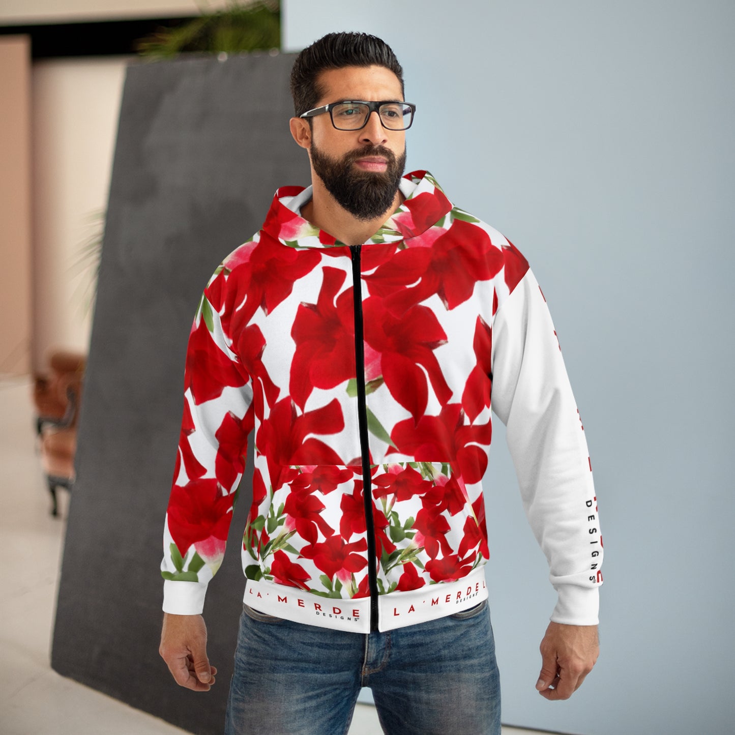 Unisex Zip-up Hoodie: Brilliant Red Tropical Hibiscus
