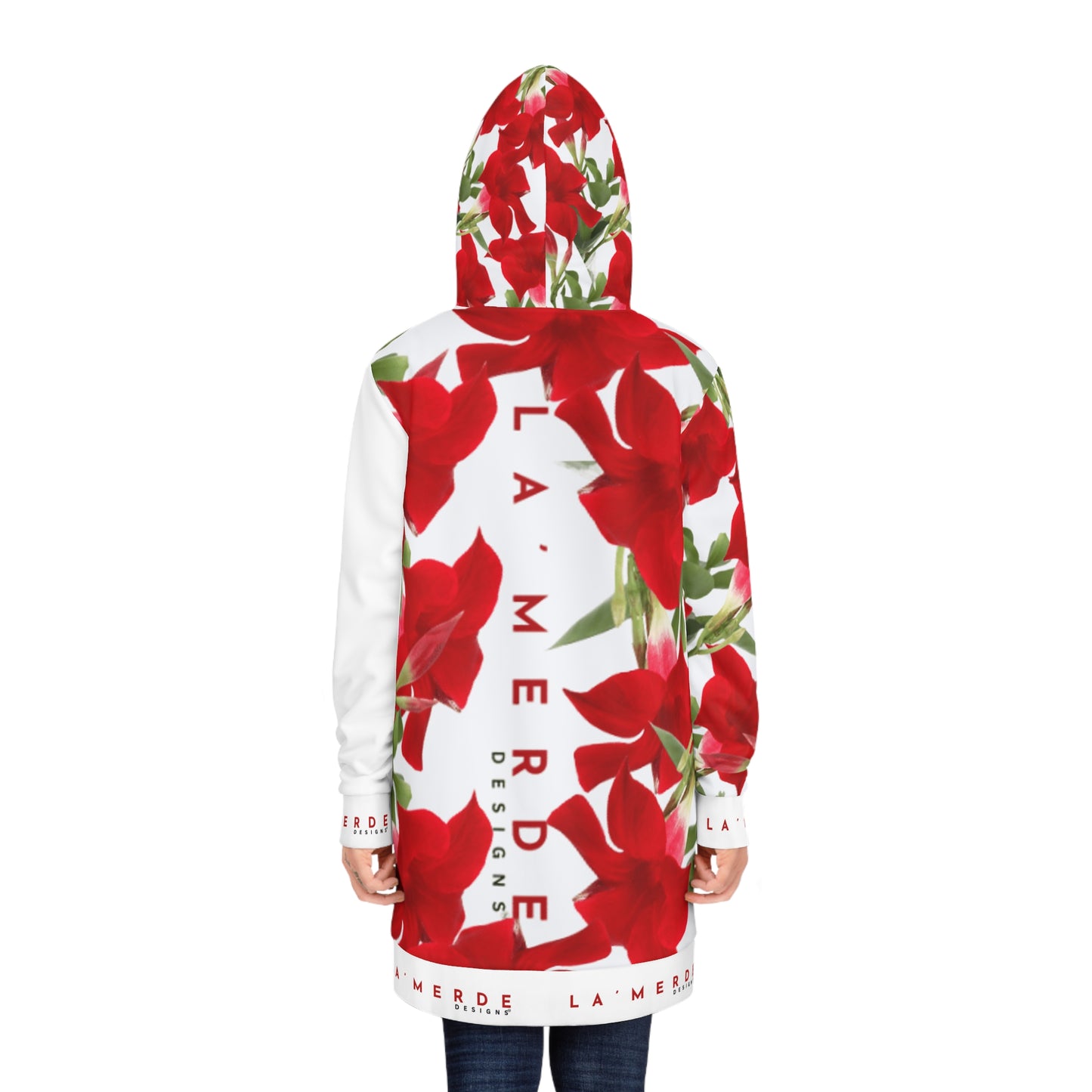 Long Sleeve Hoodie Mini Dress: Brilliant Red Tropical Hibiscus