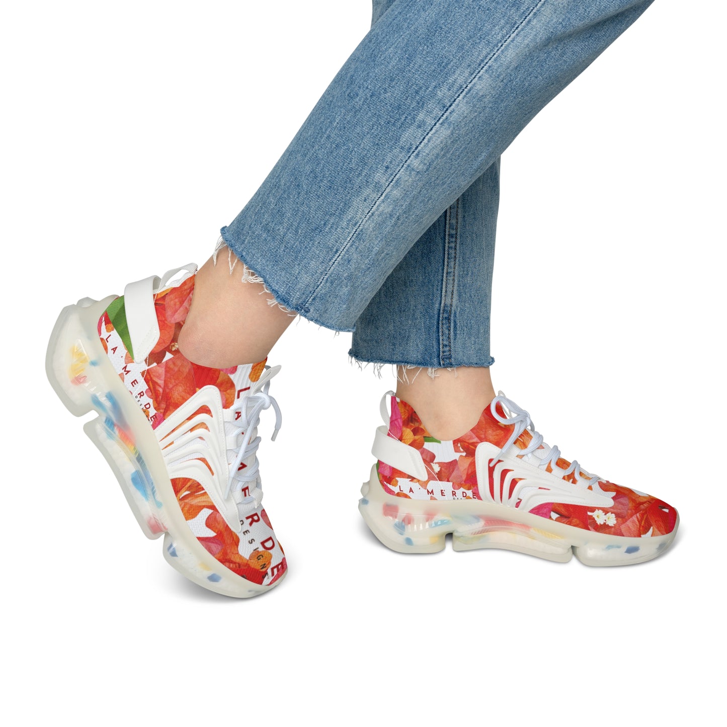 Women Mesh Sneakers: Brilliant Red, Pink & Orange Bougainvillea