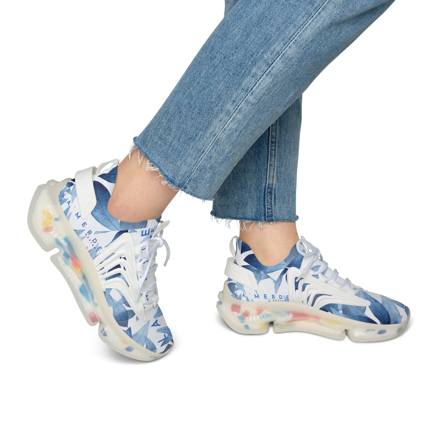 Women Mesh Sneakers: Watercolor Blue Leaf Seaweed