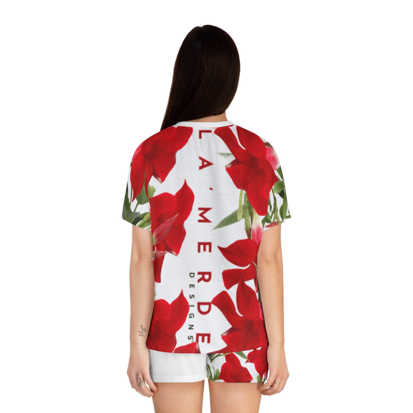 2-PC Satin Pajama Short Set: Brilliant Red Tropical Hibiscus
