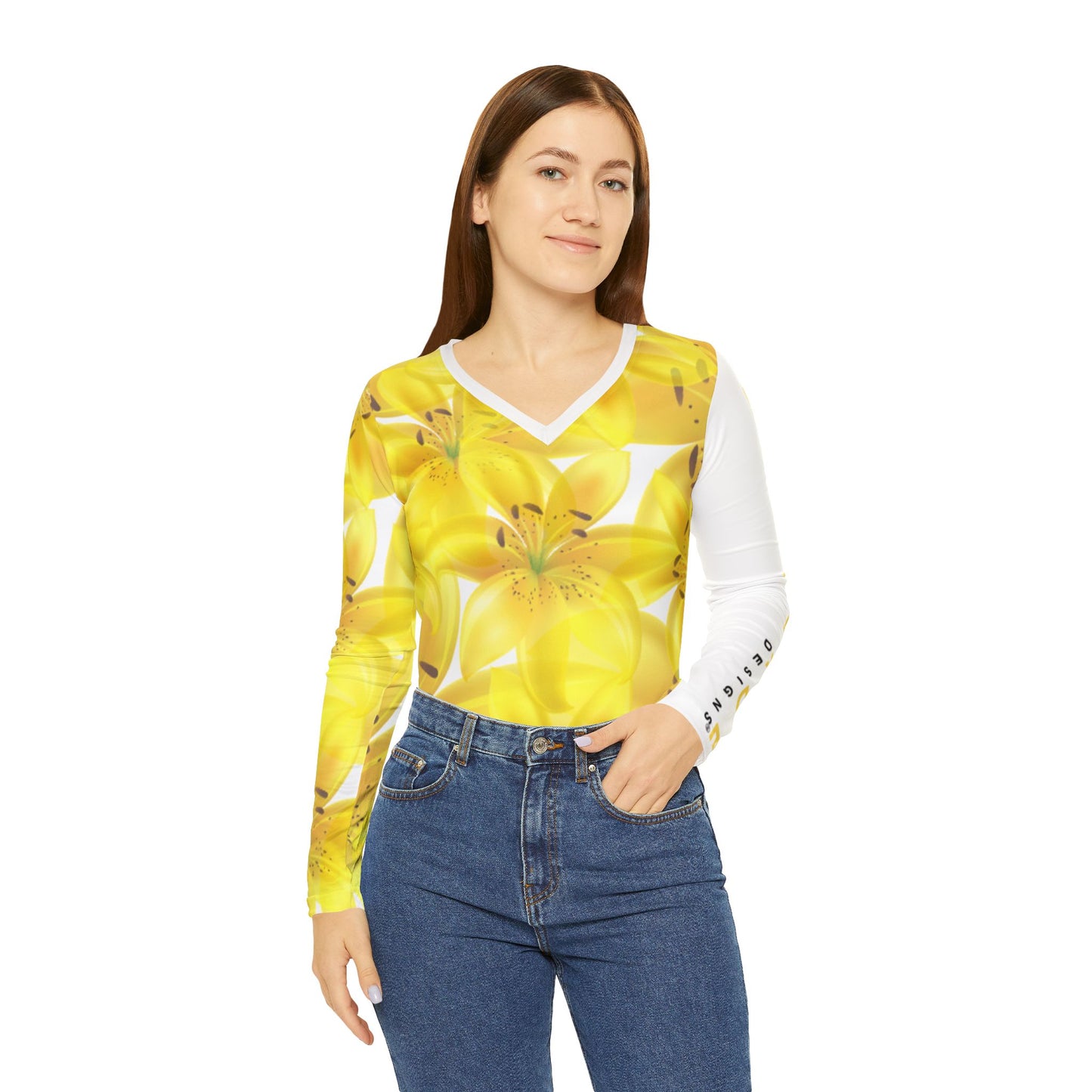 Women Long Sleeve V-Neck T-Shirt: Watercolor Yellow Lilium Lily