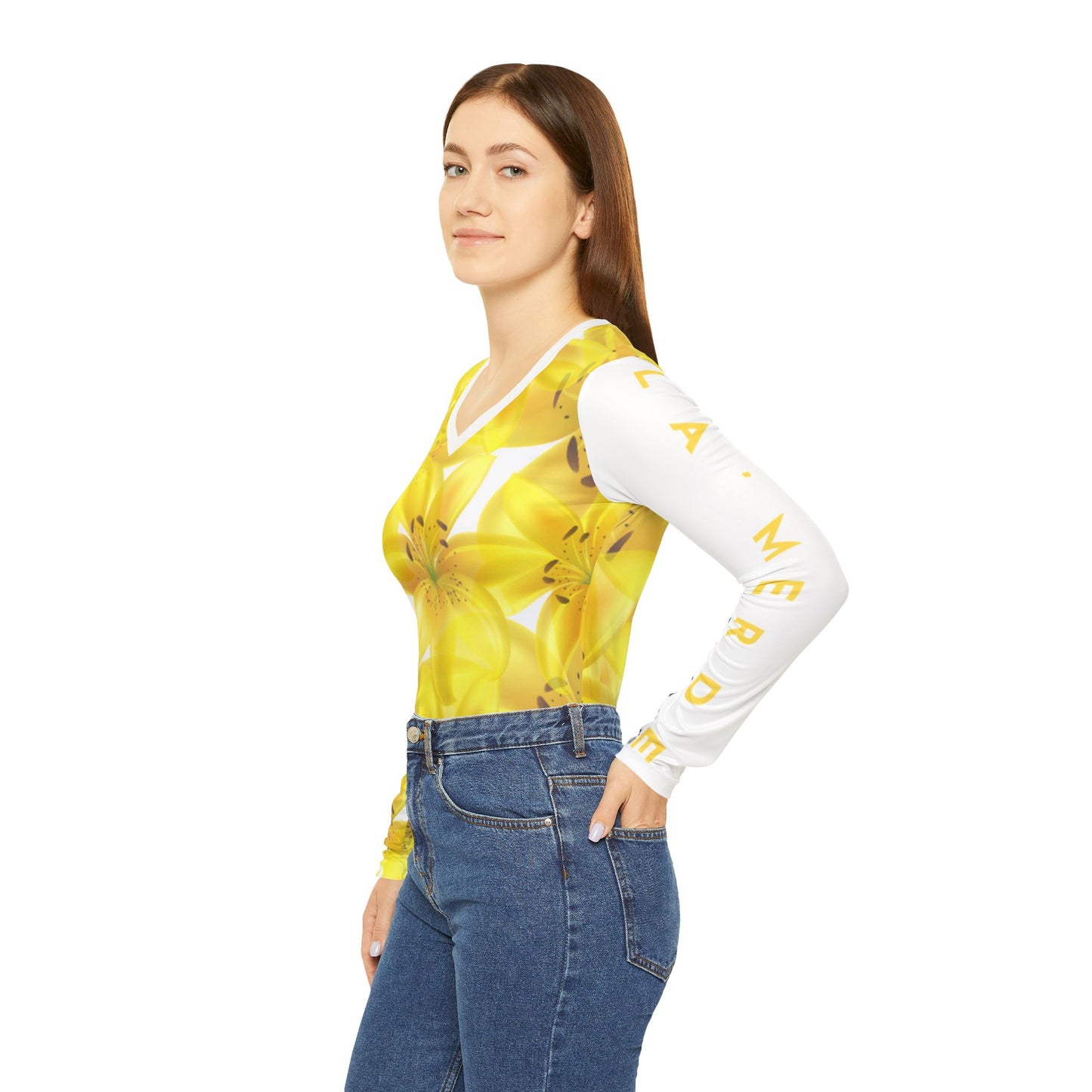 Women Long Sleeve V-Neck T-Shirt: Watercolor Yellow Lilium Lily
