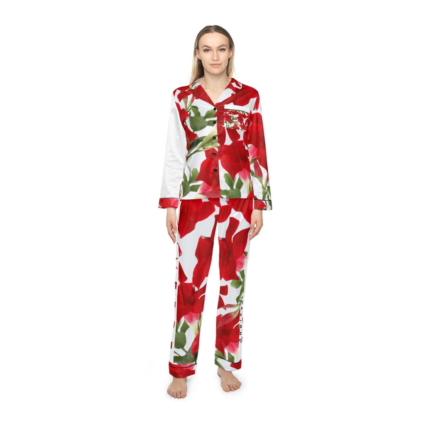 2-PC Satin Pajama Pant Set: Brilliant Red Tropical Hibiscus