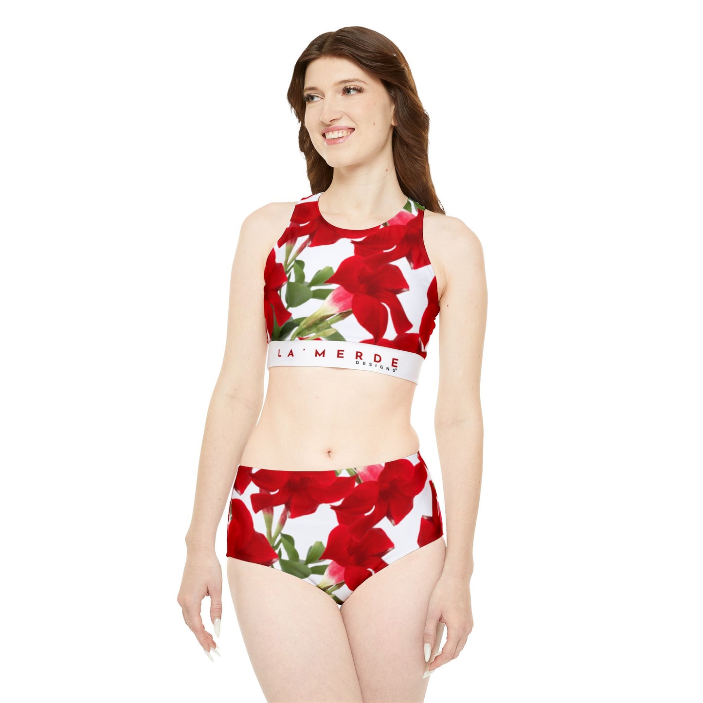 2-PC Sporty Bikini - Brilliant Red Tropical Hibiscus