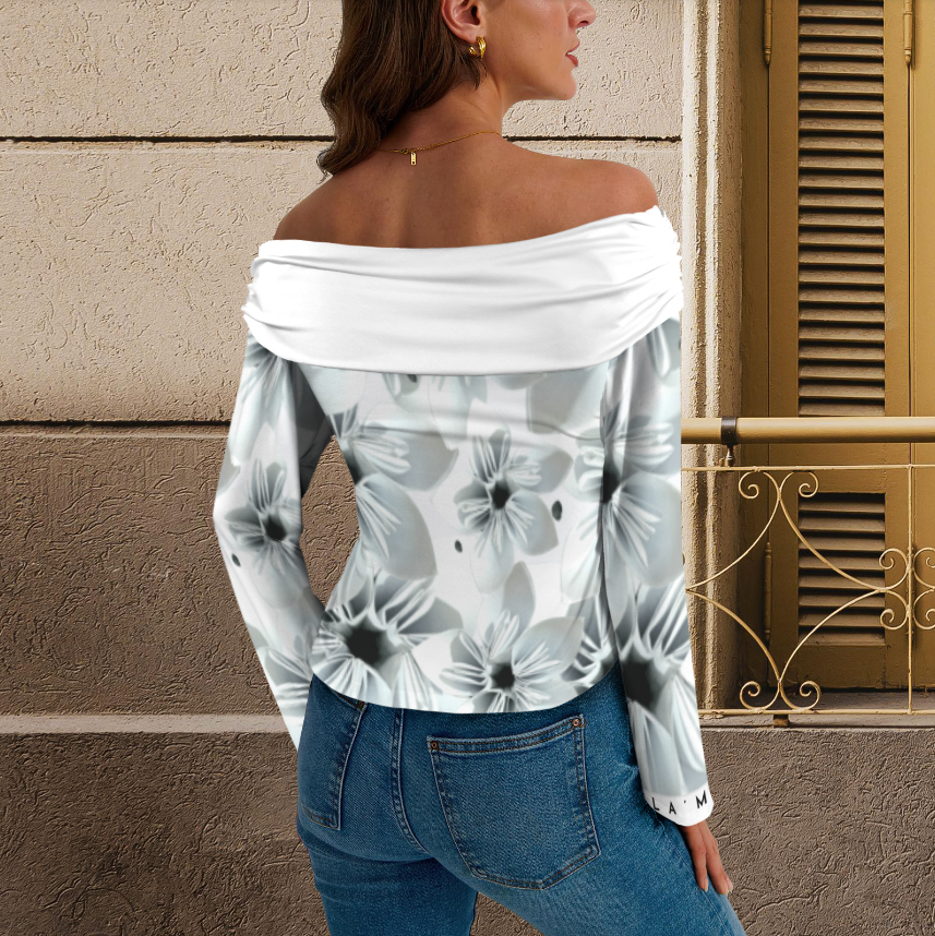 Off-The-Shoulder Long Sleeve Top: Brilliant White Black-Eyed Lily