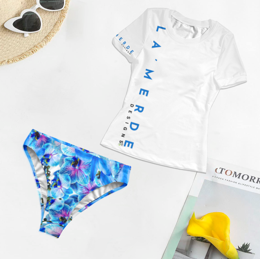 2PC T-Shirt Bikini: Blue Lily Miami Blue and Pink Orchid