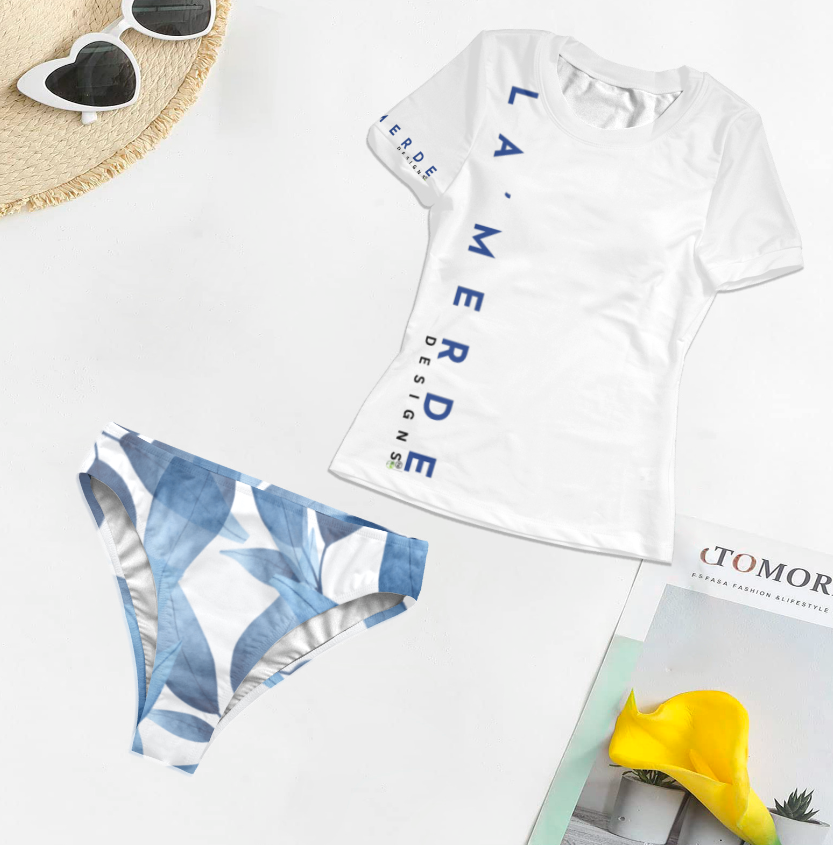 2PC T-Shirt Bikini: Blue Leaf Seaweed