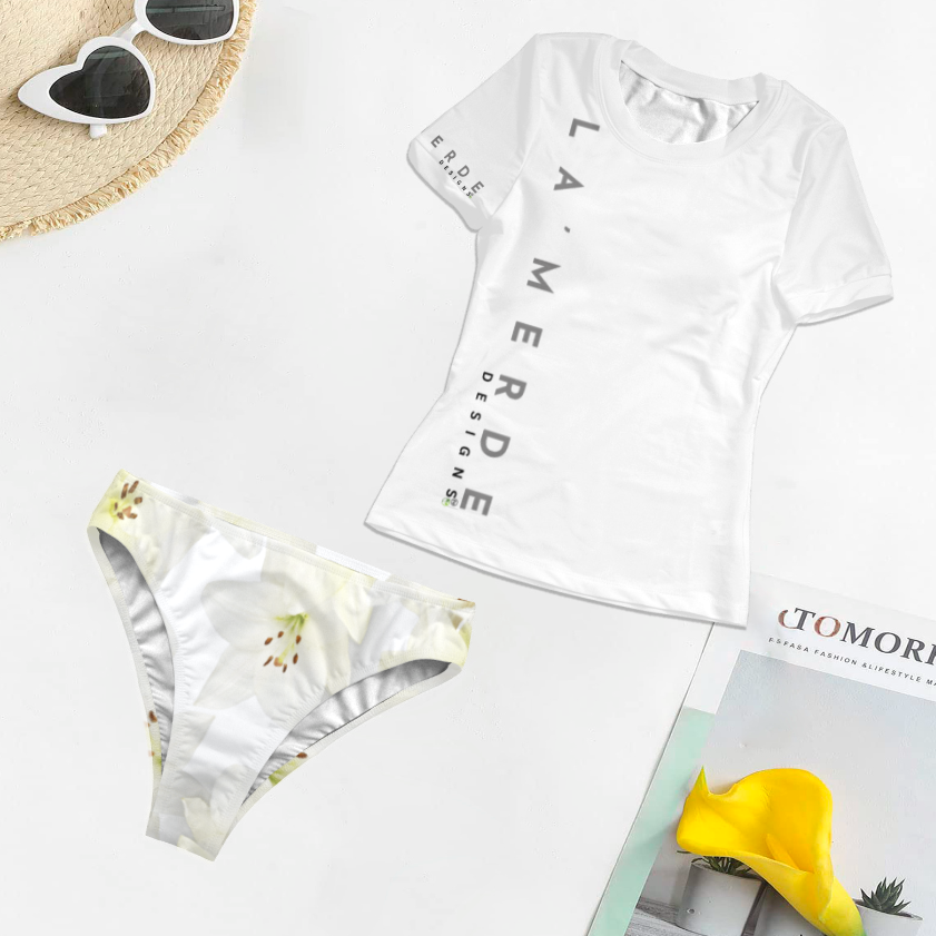 2PC T-Shirt Bikini: White Day Lily