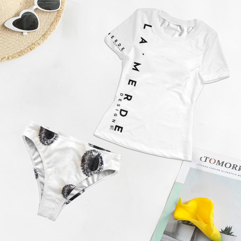 2PC T-Shirt Bikini: Black and White Anemone Carmel