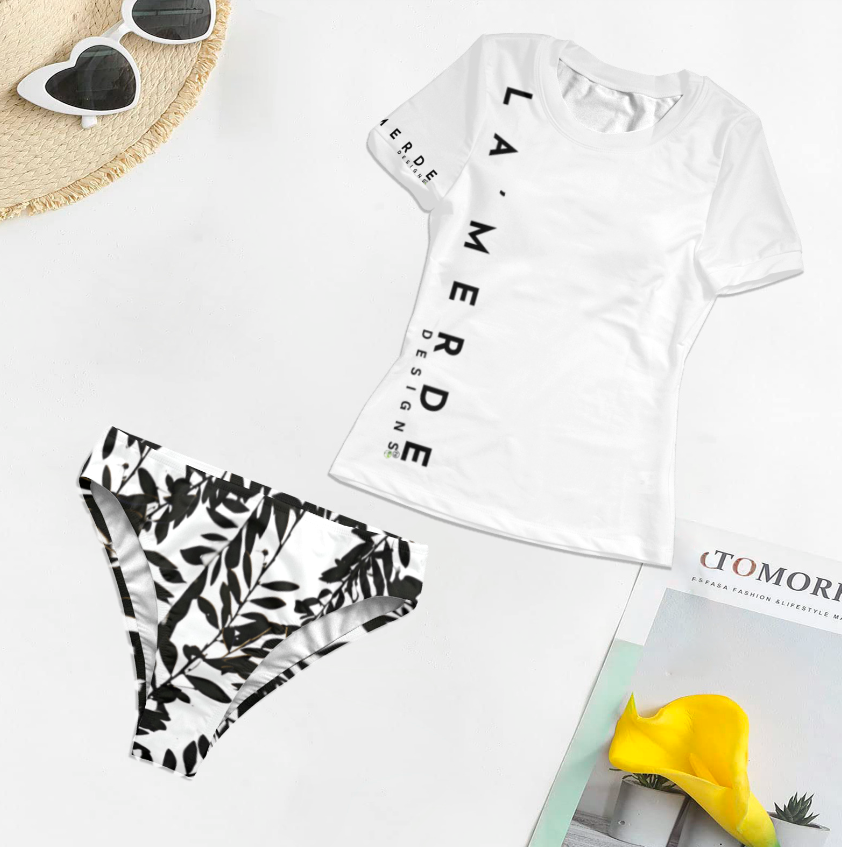2PC T-Shirt Bikini: Black and White Tropical