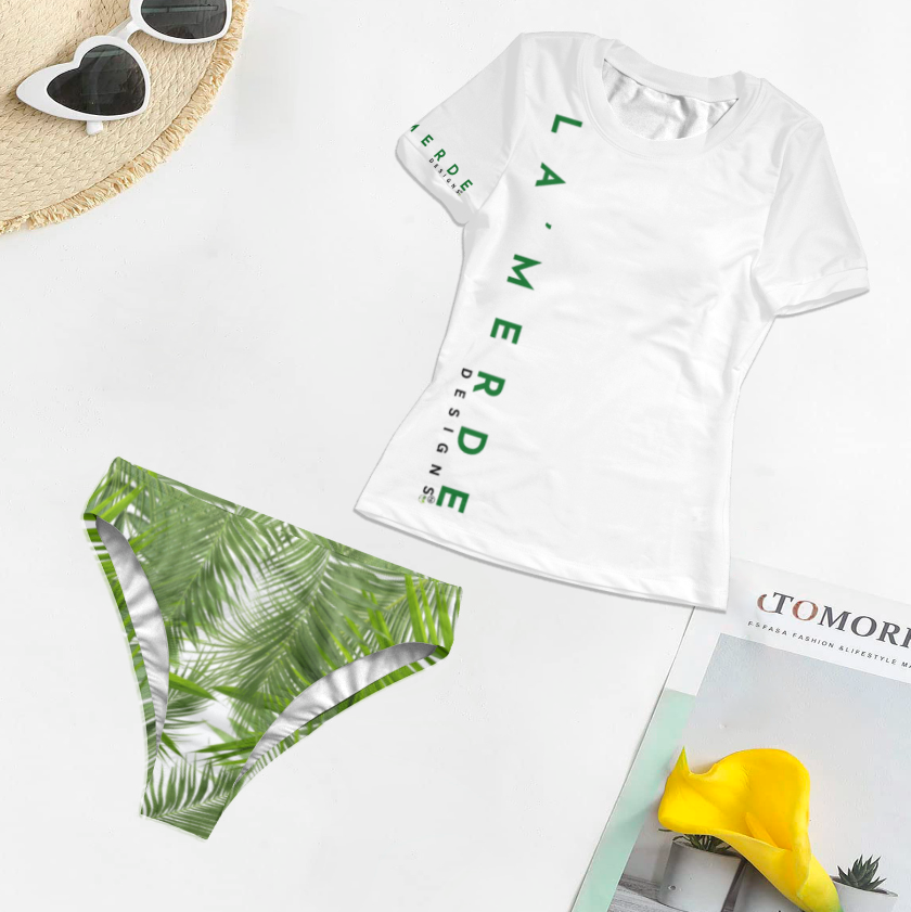 2PC T-Shirt Bikini: Tropical Green Palm