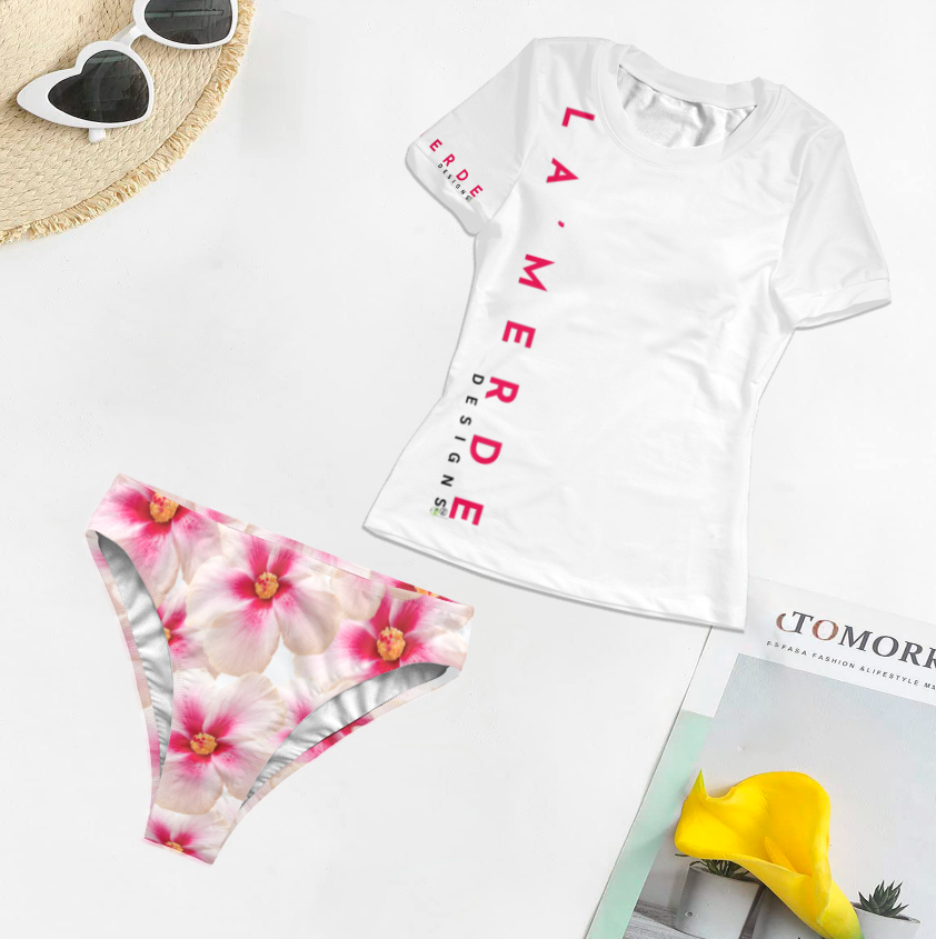 2PC T-Shirt Bikini: Pink Plumeria