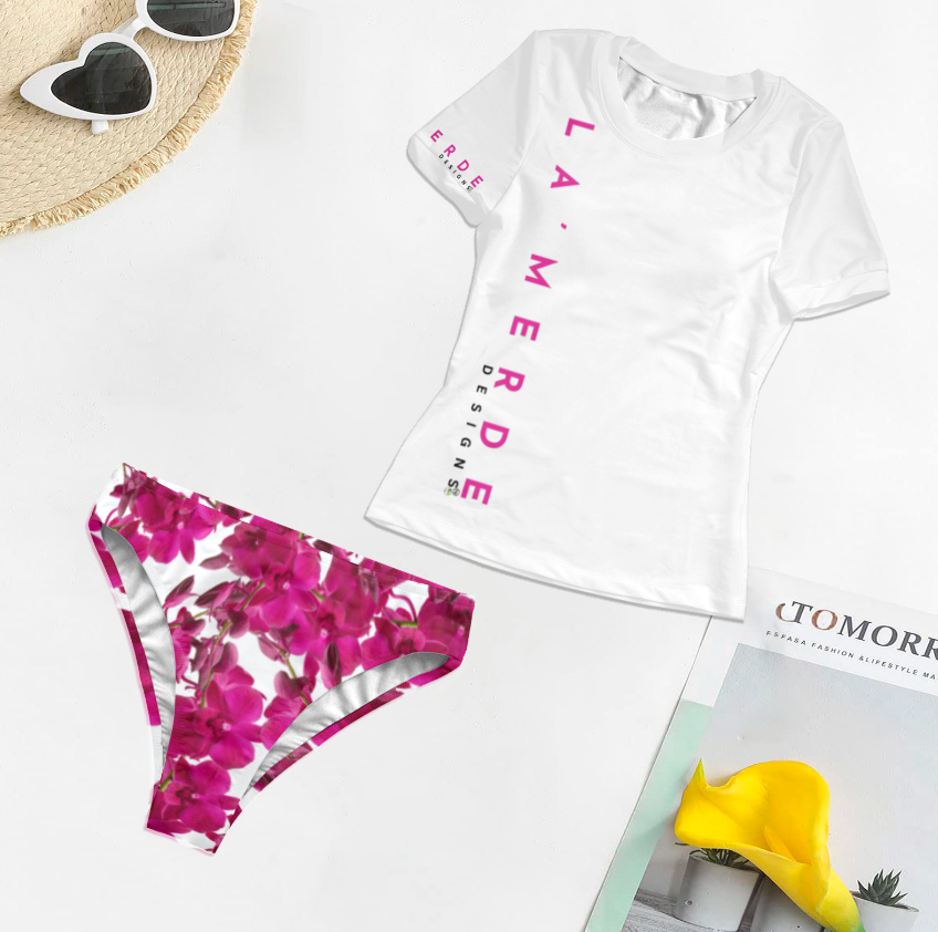 2PC T-Shirt Bikini: Fuchsia Orquidia
