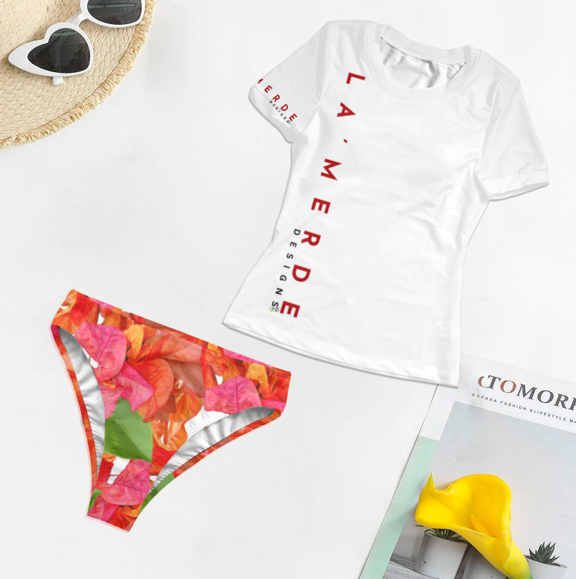 2PC T-Shirt Bikini: Red, Pink & Orange Bougainvillea