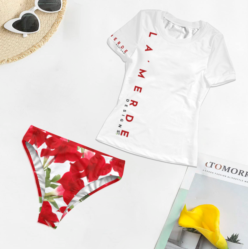 2PC T-Shirt Bikini: Red Tropical Hibiscus