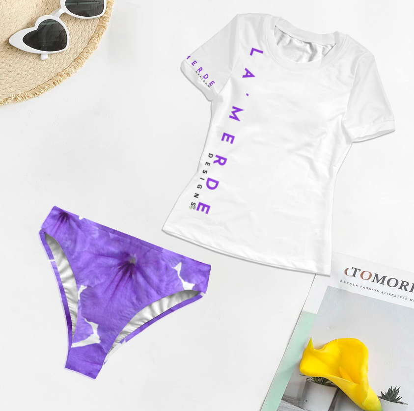 2PC T-Shirt Bikini: Purple Ruellia Tuberosa