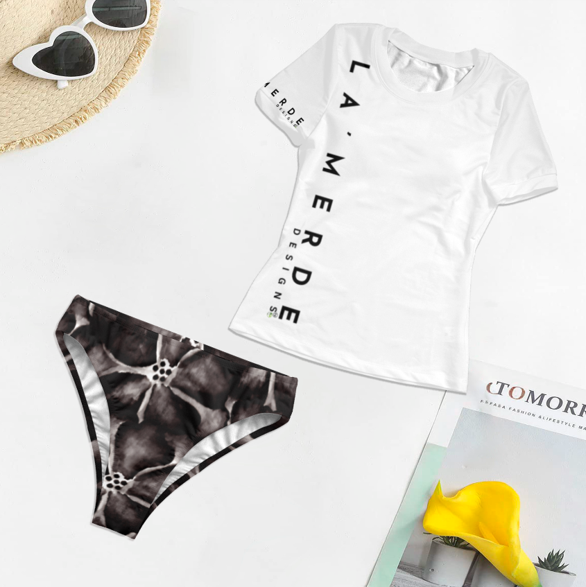 2PC T-Shirt Bikini: Black Tropical Hibiscus