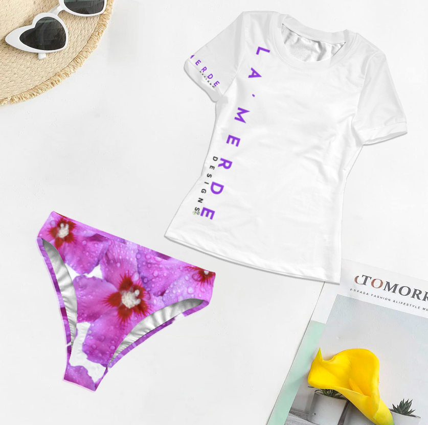 2PC T-Shirt Bikini: Purple and Red Hibiscus Syracus L