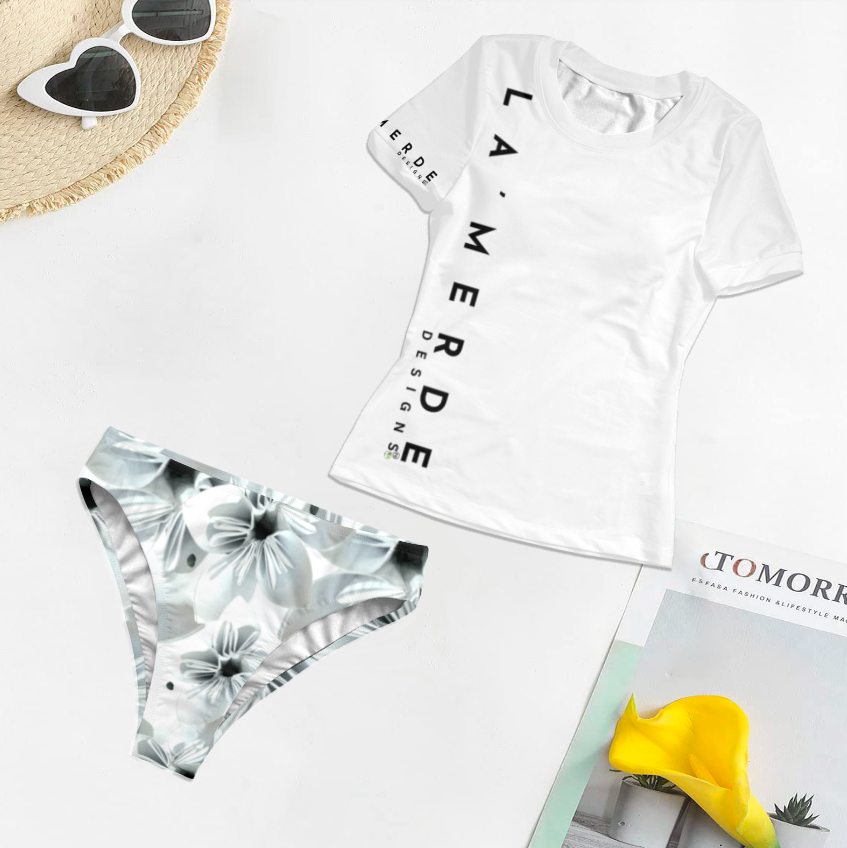 2PC T-Shirt Bikini: White Black-Eyed Lily