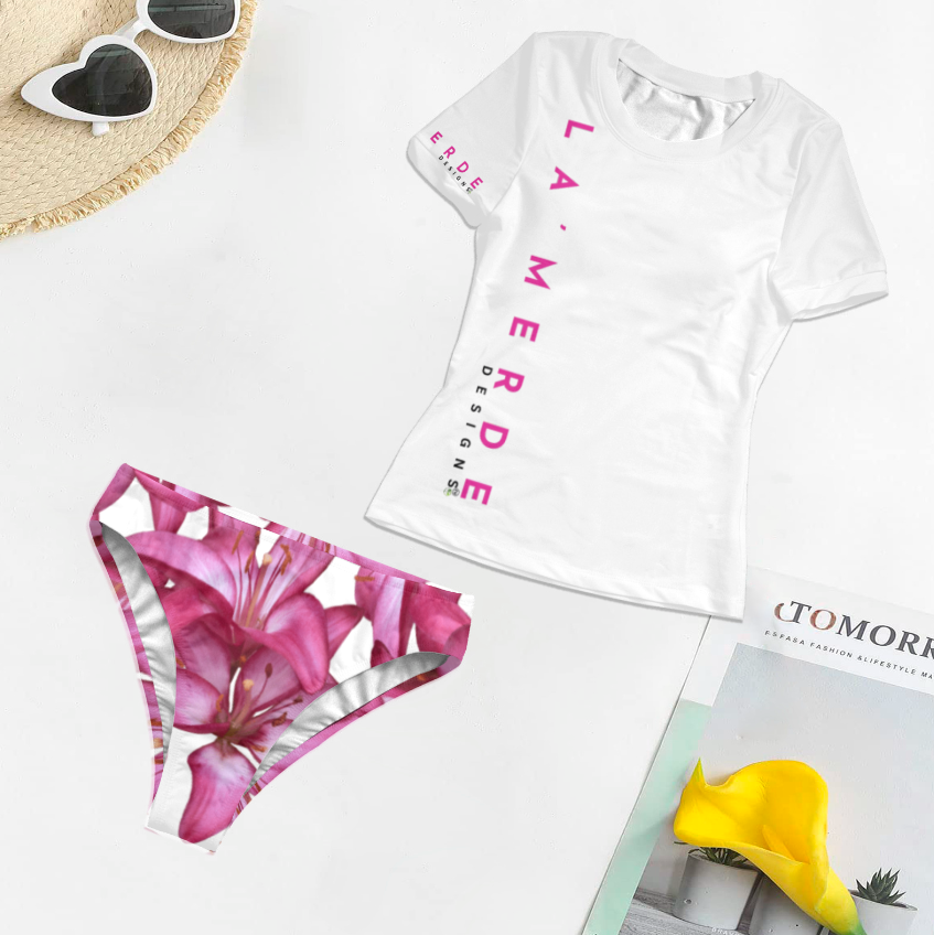 2PC T-Shirt Bikini: Pink Lily