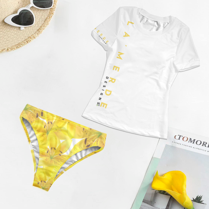 2PC T-Shirt Bikini: Yellow Lilium Lily