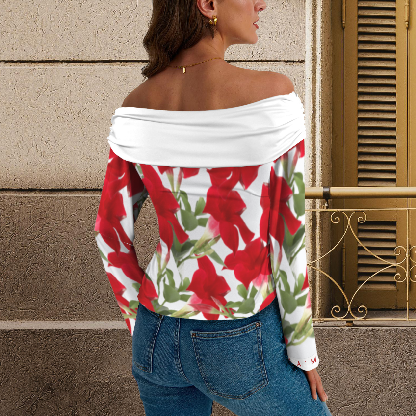 Off The Shoulder Long Sleeve Top: Brilliant Red Tropical Hibiscus