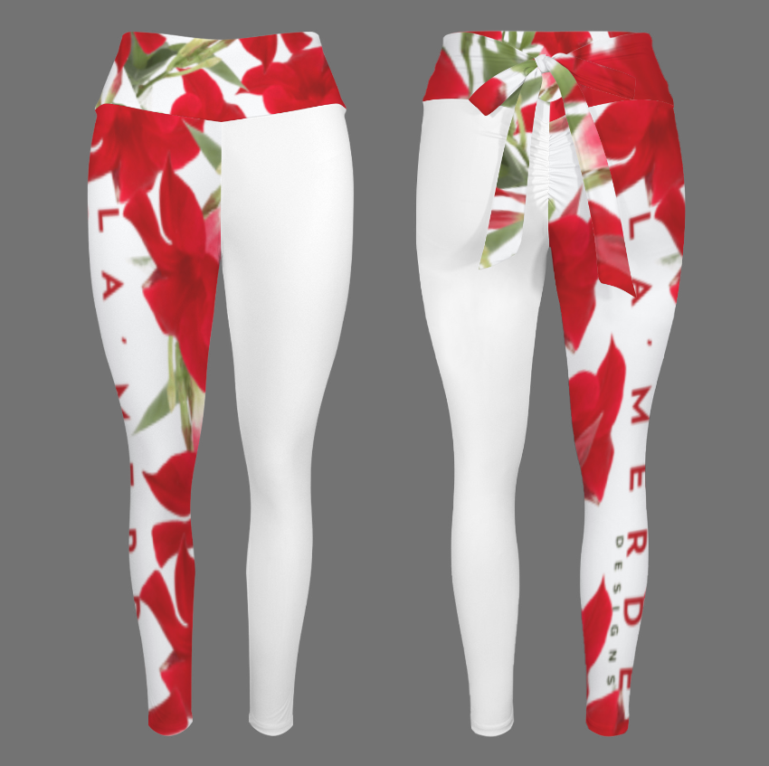 High-Waisted Bow Tile Yoga Leggins: Brillant Red Tropical Hibiscus
