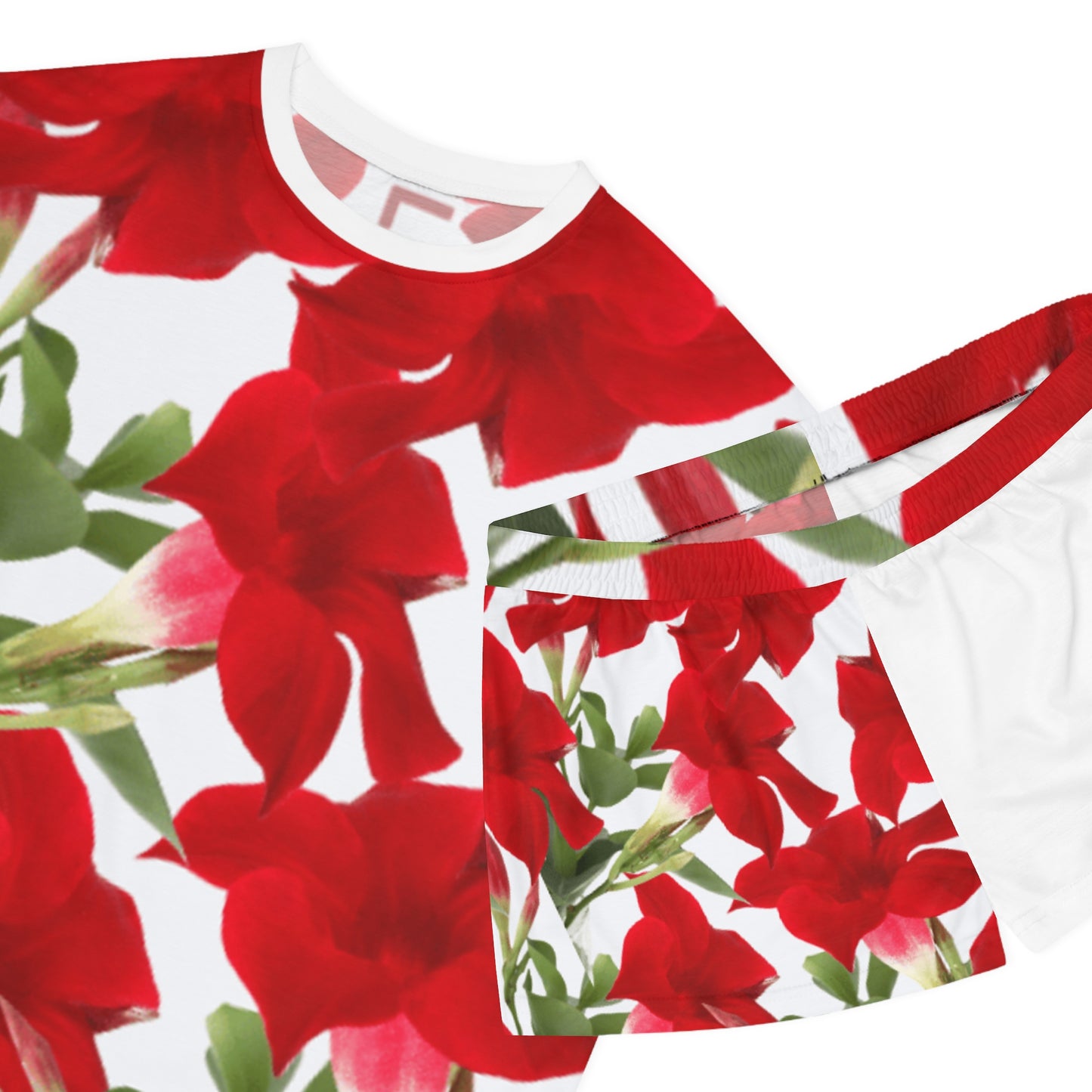 2-PC Satin Pajama Short Set: Brilliant Red Tropical Hibiscus
