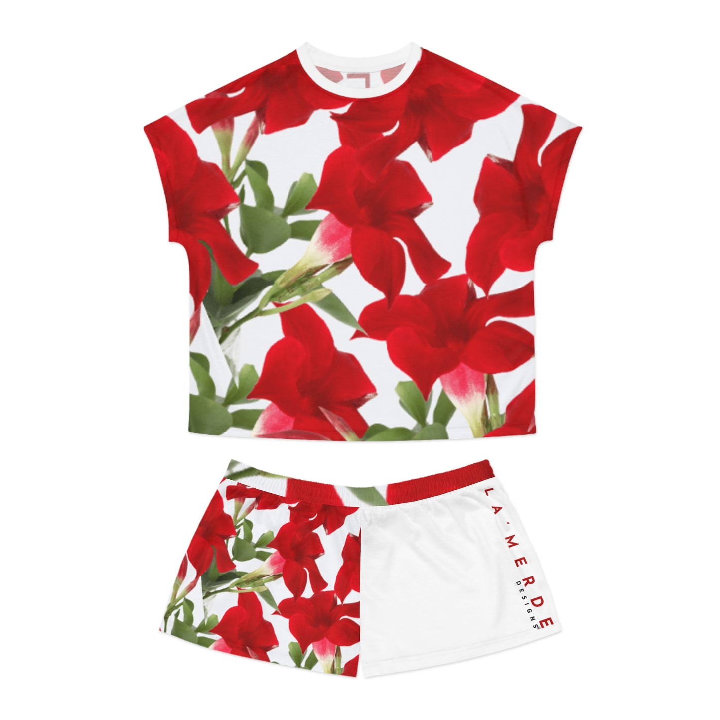 2-PC Satin Pajama Short Set: Brilliant Red Tropical Hibiscus