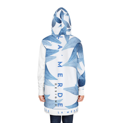 Long Sleeve Hoodie Mini Dress: Watercolor Blue Leaf Seaweed