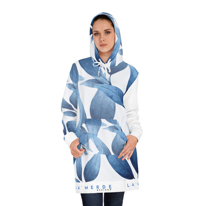 Long Sleeve Hoodie Mini Dress: Watercolor Blue Leaf Seaweed