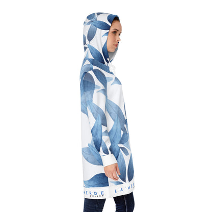 Long Sleeve Hoodie Mini Dress: Watercolor Blue Leaf Seaweed