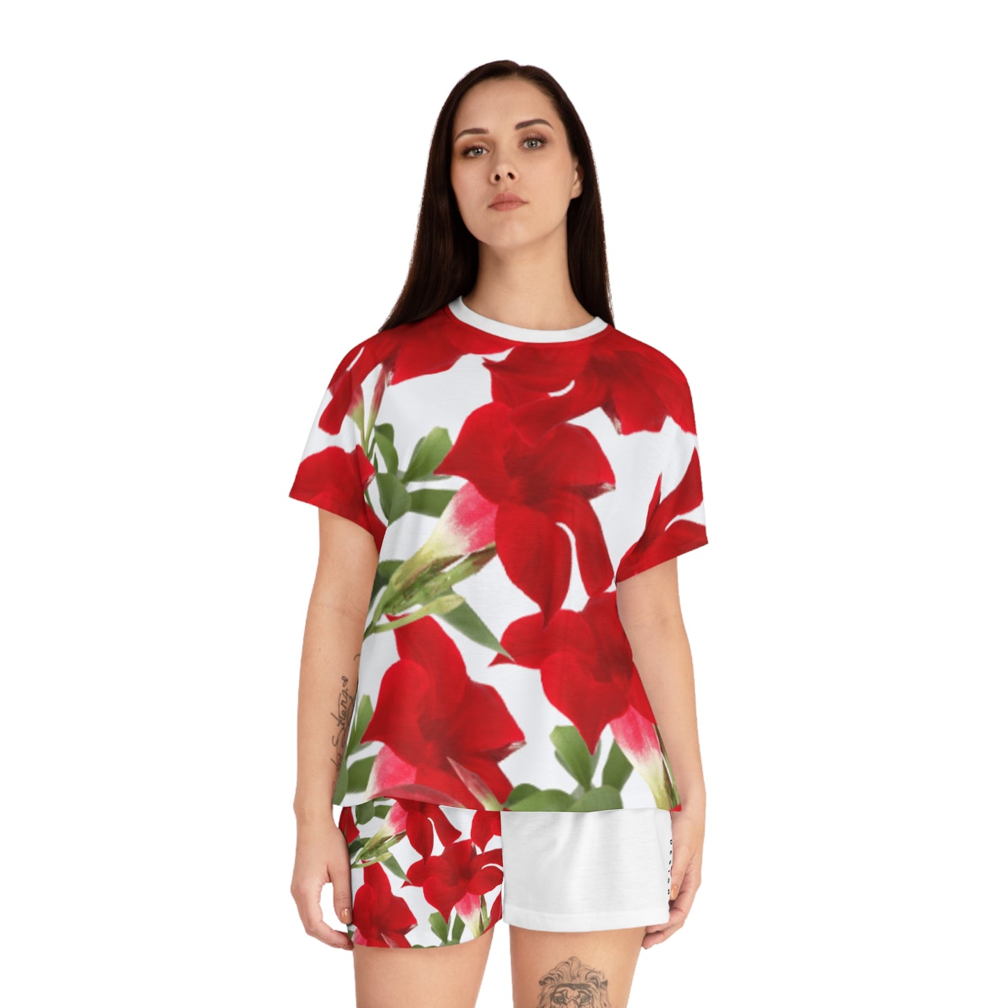 2-PC Satin Pajama Short Set: Brilliant Red Tropical Hibiscus